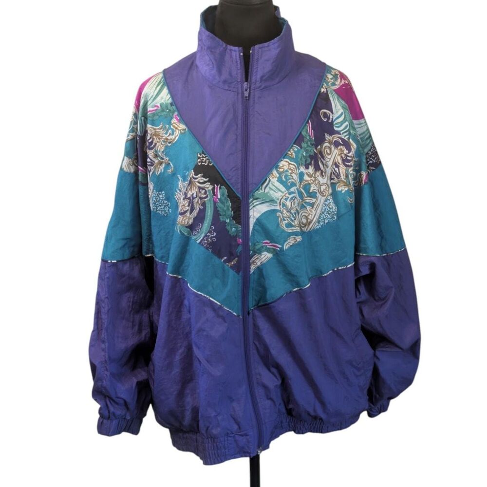 Just For Women 80s 90s Baroque Colorblock Nylon Windbreaker Jacket, Size 2X